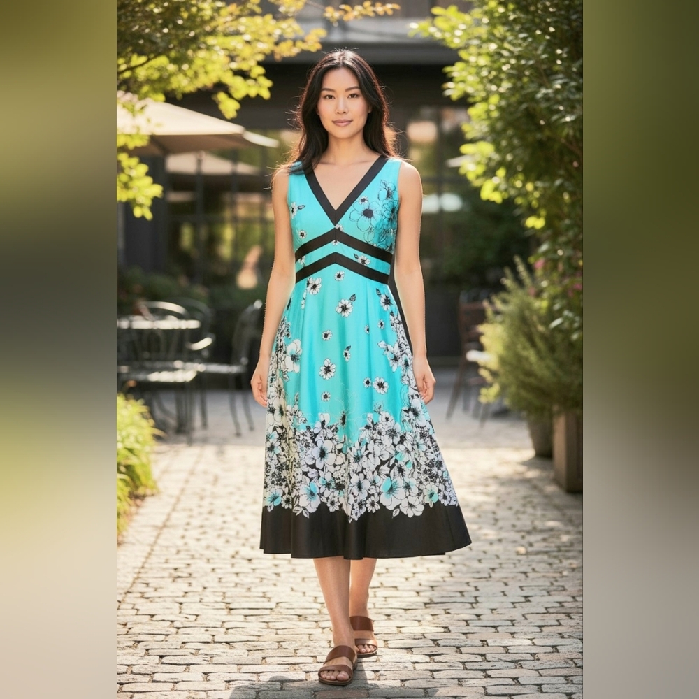Dressbarn Floral V-Neck Midi Dress in Turquoise and Black